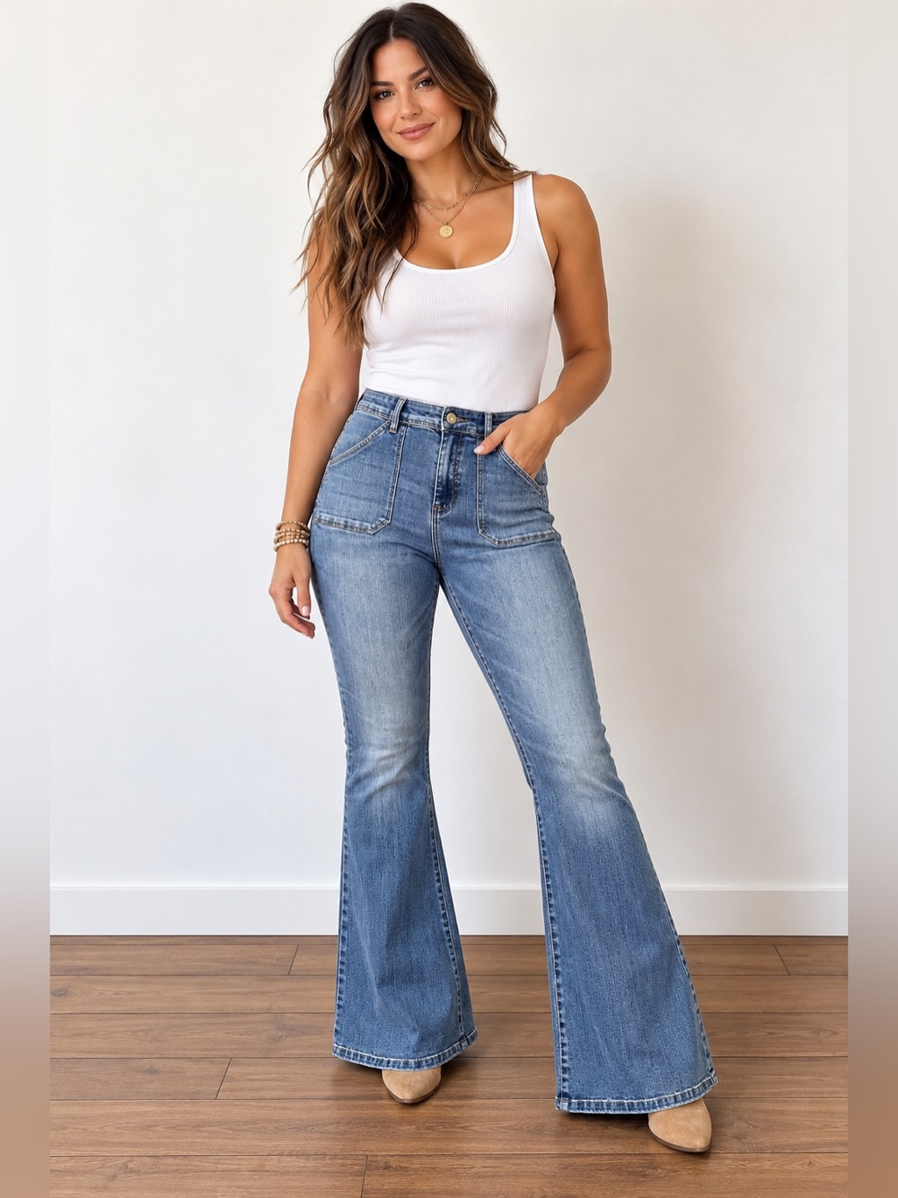 The Limited High Waisted Flare Jeans Size 10R Medium Wash Patch Pocket Denim
